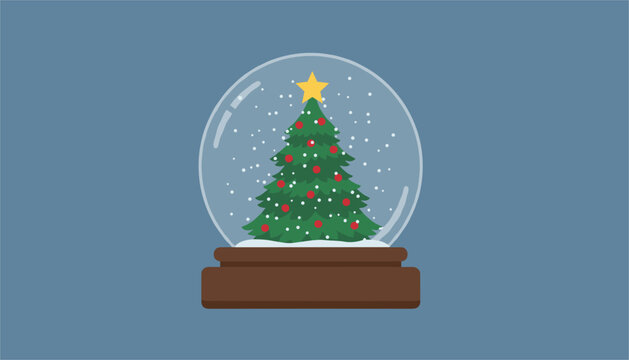 Festive christmas tree decorated with red ornaments and a gold star sits inside a glass snow globe on a wooden base for a holiday season theme.