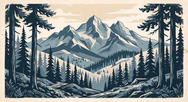 Mountain landscape illustration features coniferous forest and jagged peaks