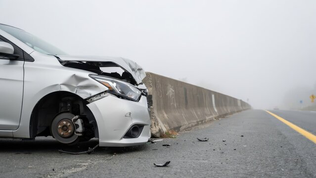 Wrecked silver car smashed against a concrete highway barrier in fog. Ideal for insurance or road safety campaigns.