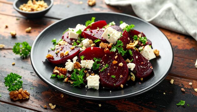 Roasted beet salad with goat cheese and walnuts on dark plate