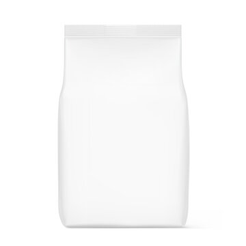 Blank white flexible food packaging pouch mockup for design, branding, presentation of food products. Front view. 3D hight realistic vector illustration isolated on white background. Editable. EPS10.