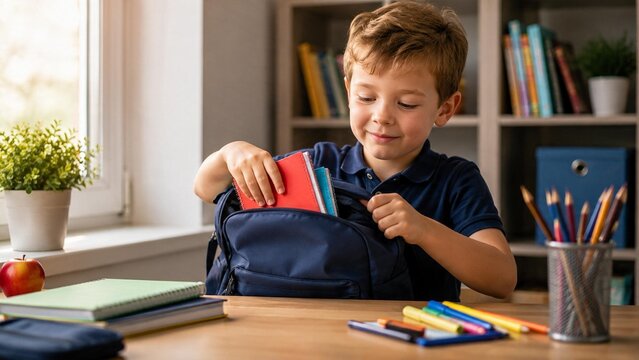 L&auml;chelnder kleiner Erstkl&auml;ssler packt fr&ouml;hlich seinen Schulrucksack am Schreibtisch, Vorbereitung auf die Schule und den Unterricht.
