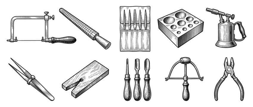 Vintage Engraving Style Jeweler's Tools Set Isolated on White