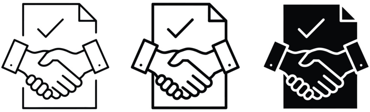 Agreement icons featuring handshake deal symbols and contract approval elements in clean vector style