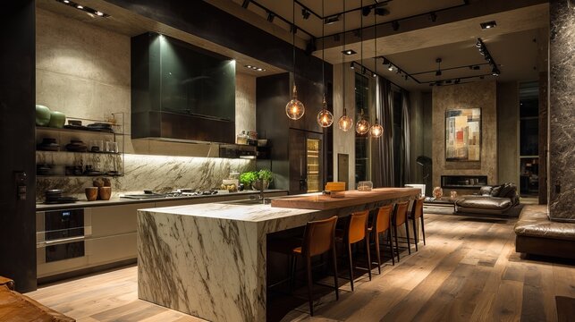 Modern luxury kitchen interior featuring a large white marble island with wooden countertop and warm hanging pendant lights at night