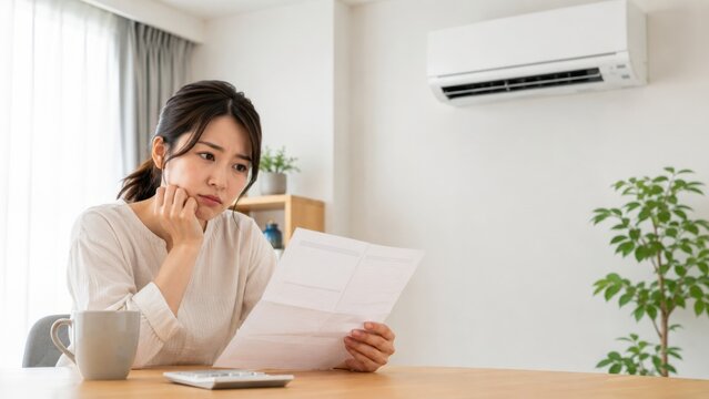 エアコンの電気代や光熱費の請求書を見て悩む日本人女性