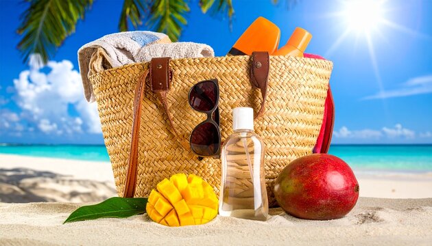 Tropical beach vacation essentials with straw bag and fruits.