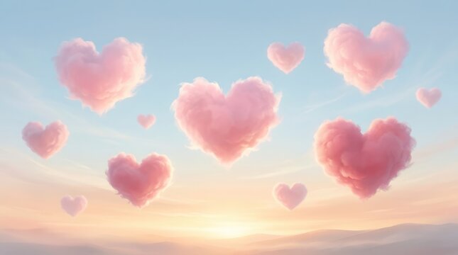 Delicate pink hearts are gently floating against a beautiful soft pastel sky