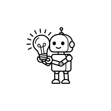 Minimalist robot icon holding glowing lightbulb, artificial intelligence innovation concept, cute android character with creative idea