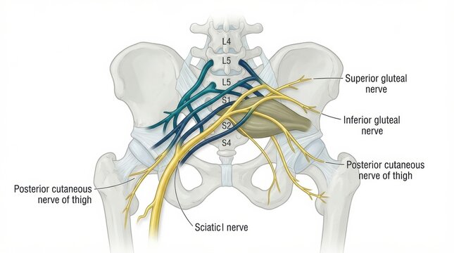 Nerve plexus and spinal nerve connections are displayed on a human anatomy diagram showing the lumbar and sacral regions.
