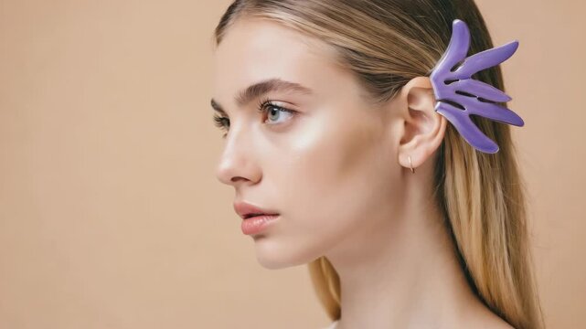 A woman with a delicate purple leaf earring on her ear. She has long blonde hair and is looking away from the camera.