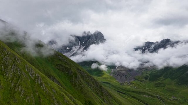 Aerial drone view over Juta Valley and Chaukhi pass, Georgia