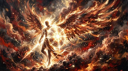 Fototapeta premium angel holding a glowing energy shield amid flames