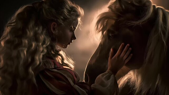 Europe medieval lifestyle. A dramatic portrayal of a young girl with voluminous, curly blonde hair, wearing a red and white striped dress. She stands close to a horse, its mane flowing in the wind.