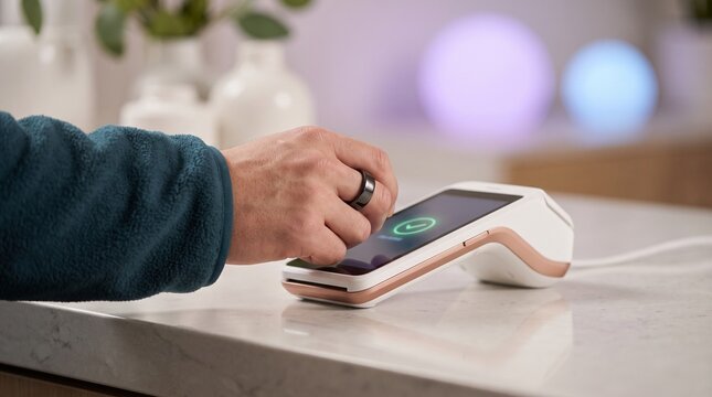 Person uses a smart ring to make a quick contactless payment on a white terminal inside a modern bright office