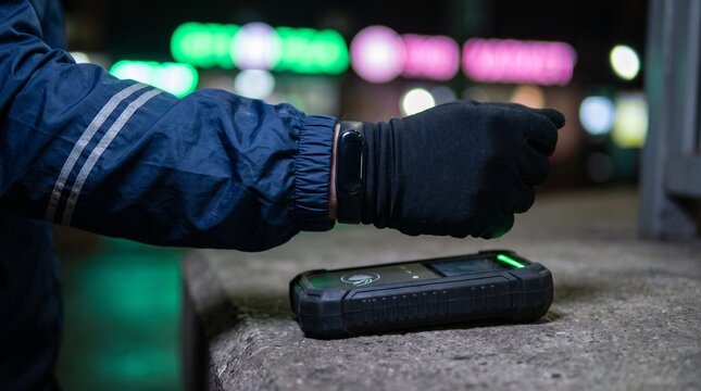 Person wearing black glove making contactless payment using fitness tracker watch on digital reader terminal during cold night city time