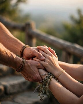 Supportive Hands Connecting Outdoors at Golden Hour