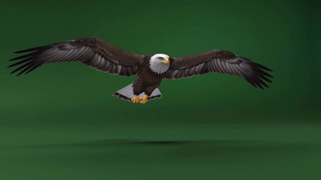 An eagle flying against a green background.