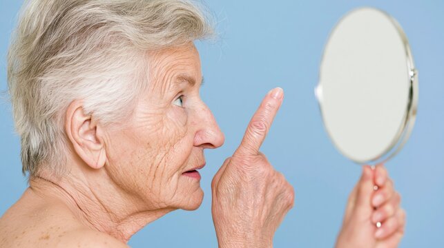 Nostalgia. Old woman remembering, when she was younger and beautiful. Age. Elderly woman pointing at mirror Aging, self perception, beauty standards, time passage. Melancholy