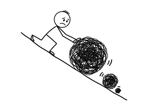 Stick figure rolling down heavy tangled ball downhill doodle isolated on transparent background. For snowball effect, worsening problems, escalating stress, degradation, pressure, and losing control.