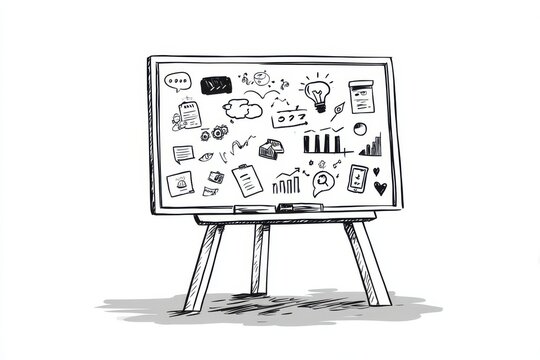 Sketch of a classroom whiteboard filled with various stationery items and office supplies in a school learning environment