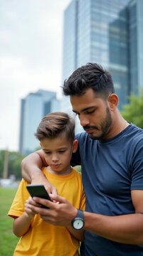 Young father and his son standing together in a city park, looking at a smartphone. Family bonding and modern technology in an urban outdoor setting with skyscrapers in the background.