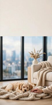 Adorable Golden Retriever Puppy on Cozy Blanket by City Window View