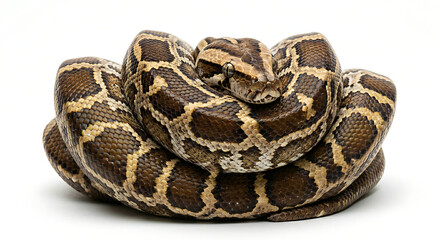 Fototapeta premium A single Ball Python resting peacefully with its body tightly coiled into a natural circular shape on white background for wildlife design projects