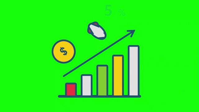 Rocket Rising Over Bar Chart with 5 Percent and Dollar Coin on Green Screen