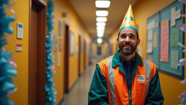 Close-up of a janitor in a work jacket and a paper party crown standing in a hal