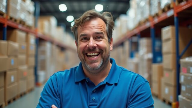 Close-up of a sorting facility supervisor in a blue polo shirt standing in a bri