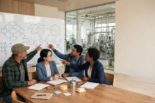 Collaborative business team brainstorming ideas at an office board