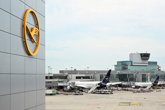 Lufthansa airplanes parked at Frankfurt international airport terminal