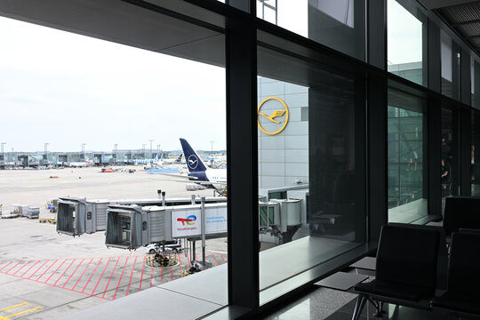 Lufthansa airplanes parked at Frankfurt international airport terminal