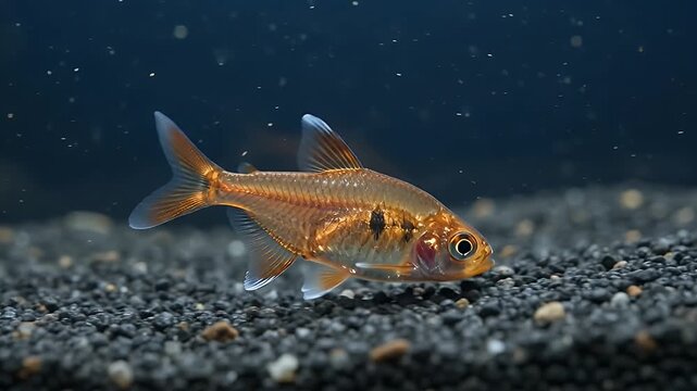 Goldfish, pet fish and aquarium with tropical animal at home for hobby, nature study and relaxation. Aquatic life, tank habitat and underwater scenery with gravel, pebbles and dark theme for peace