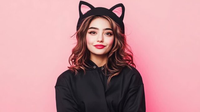 Fashion-forward woman wearing cat ears, posing with a playful expression.