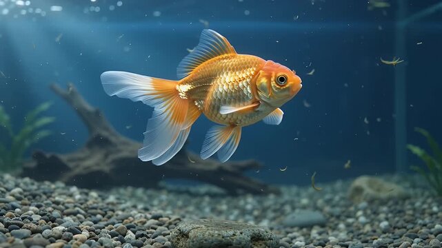 Goldfish in aquarium, swimming with fins and tail in water with pet store bubbles, light and pet care. Fish tank, orange and white scales with gravel, hobby and underwater life for daily relaxation.