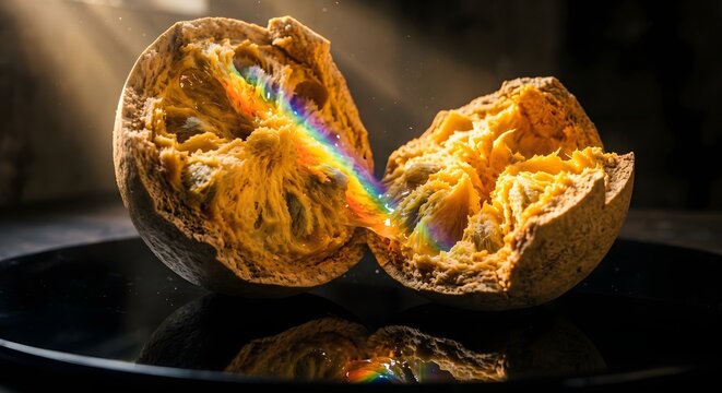 Cracked Open Bael Wood Apple Fruit Refracting Rainbow Spectrum Light