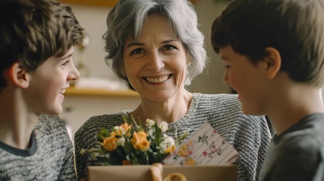 A smiling elderly woman shares a joyful moment with two young boys, holding a boxed gift and a bouquet of flowers.