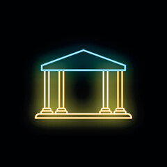 Fototapeta premium Bank or courthouse building icon glowing with blue and yellow neon light against a dark background