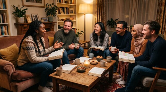 diverse group of friends reading bibles together in a living room