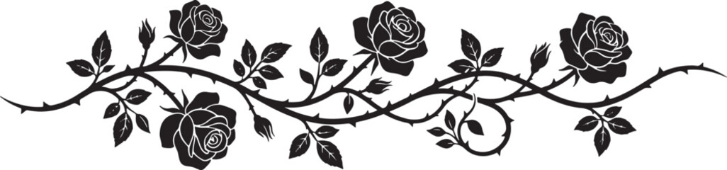 Naklejka premium Black rose vine silhouette with thorns and leaves horizontal floral border divider for decorative tattoo design vector illustration