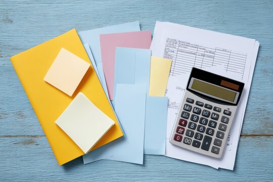 Financial documents, papers, and a calculator are arranged on a blue wooden table, showing the process of budgeting and organizing money