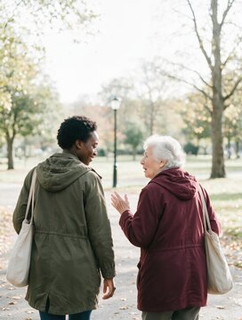 Young woman and older woman walking side by side and talking on a park path