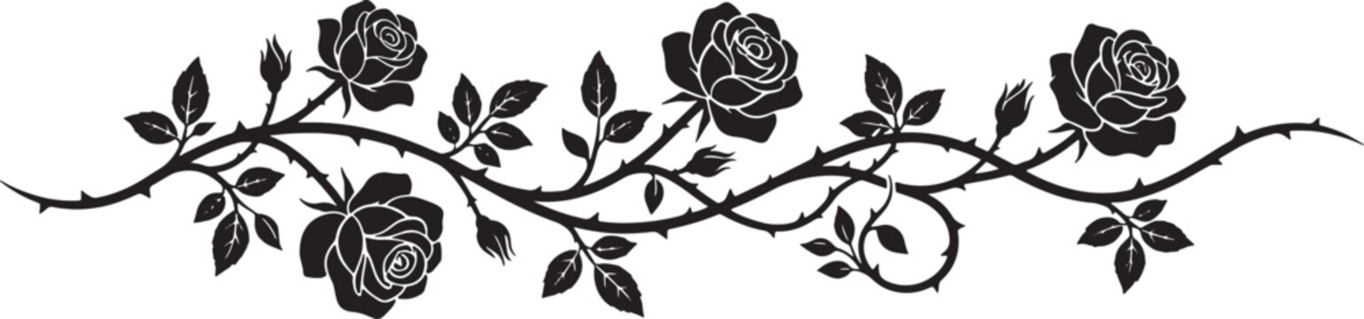 Black rose vine silhouette with thorns and leaves horizontal floral border divider for decorative tattoo design vector illustration