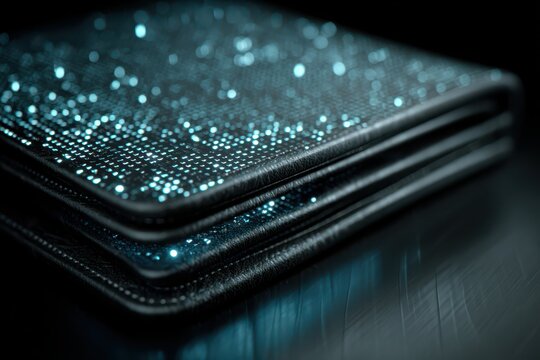 Wallet emits binary code and light particles showing digital finance concepts