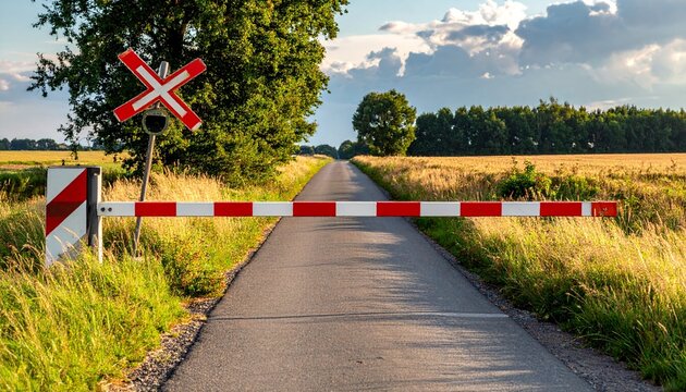 Closed railroad crossing barrier on a rural road between green summer fields under cloudy sky