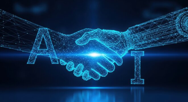 Digital handshake between a human hand and robot hand representing AI illustration