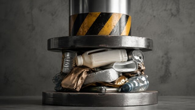 Pressing Everyday Goods: A Close-Up of a Mechanical Compactor in Action Transforming Recyclable Materials for a Sustainable Future