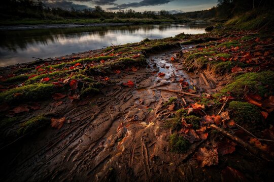 Moody Riverbank Shoreline with Autumn Leaves and Mud